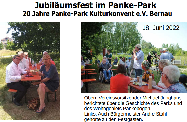 Jubilumsfest im Panke-Park
			
20 Jahre Panke-Park Kulturkonvent e.V. Bernau

18. Juni 2022